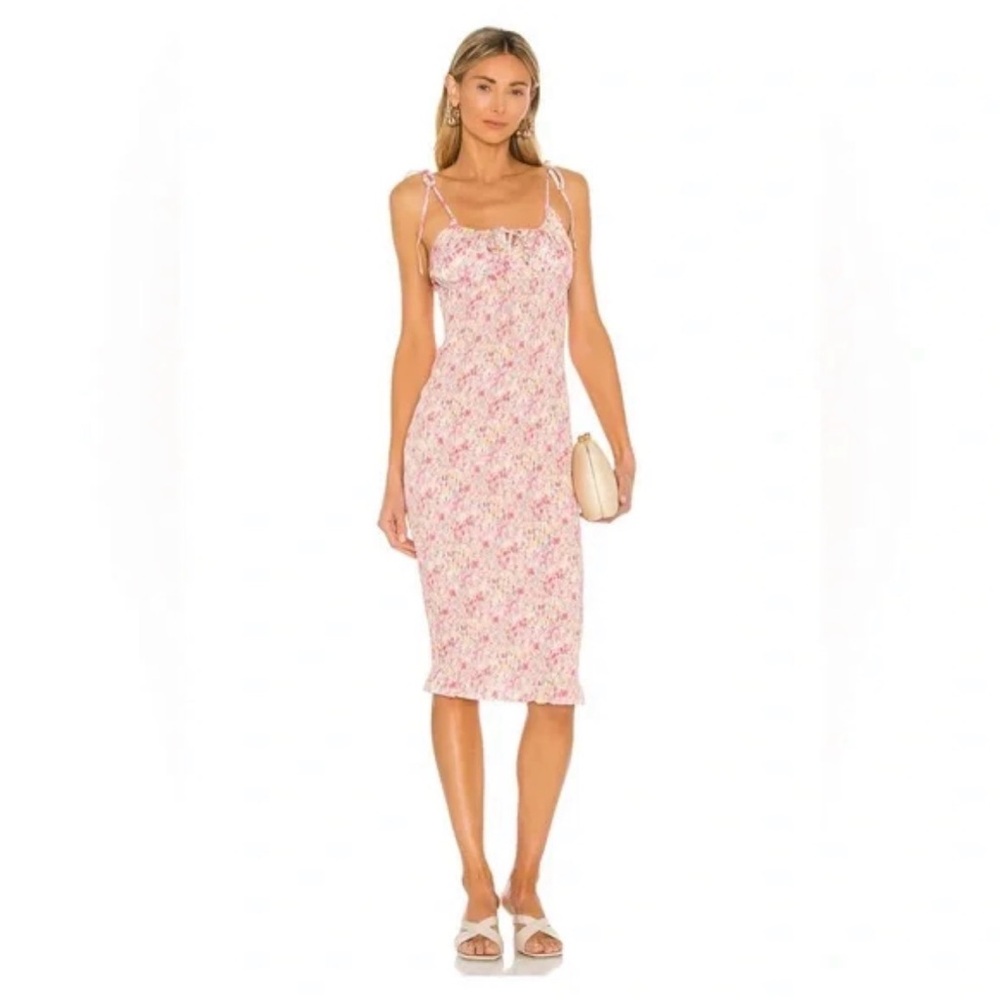 SNDYS. Floral pink smocked midi dress, Women size 6